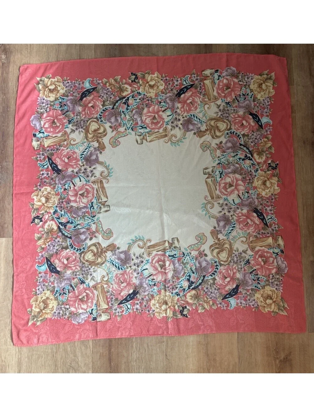 Ornate Perfume Bottle Flower Pattern Large Square Scarf Coral Cream 35x35